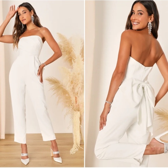 LULU's Wedding Bridal Shower Bachelorette HOneymoon Chic Satin Jumpsuit - Picture 1 of 6